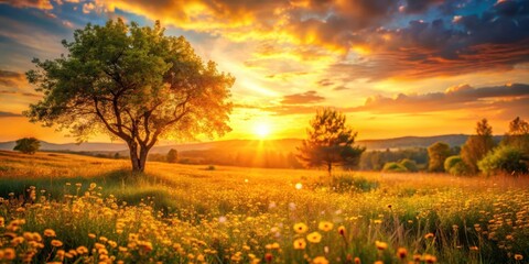 Wall Mural - Golden Hour Serenity A Solitary Tree Stands Sentinel in a Vibrant Wildflower Meadow, Bathed in the Warm Glow of a Setting Sun