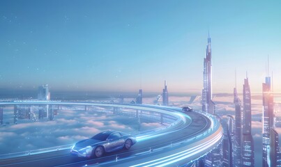 Aufkleber - 青い未来都市の車と空の風景 青い光と雲の中で移動する未来的な自動車