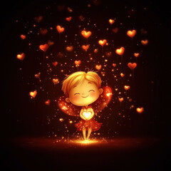 Poster - A young girl is holding a heart in her hand, surrounded by a lot of sparkles. Concept of joy and happiness, as the girl is smiling and he is having a good time