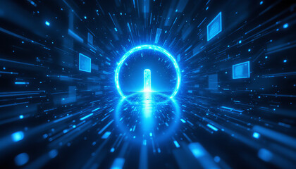Poster - bright glowing digital portal with futuristic blue light and data streams
