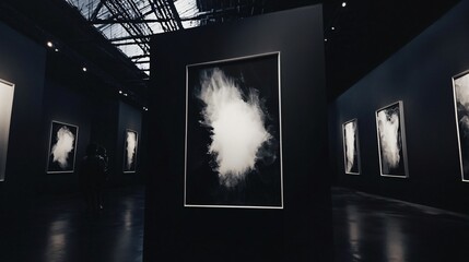 Poster - Single cloud floating in a dark room creating a mysterious and abstract atmosphere with bold light shapes that evoke intrigue and reflection