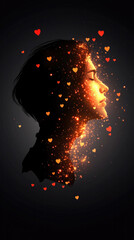 Poster - A woman's face is covered in red and orange sparkles. The image is a creative and artistic representation of a woman's face, with the sparkles representing her emotions or inner thoughts