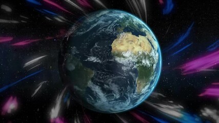 Poster - Earth floating in 3D render space, showcasing colored light streaks, detailed clouds and starfield