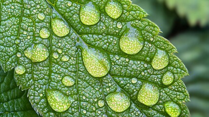 Poster - Captivating macro shot of water droplets on a leaf highlighting nature's beauty and intricacies of a leaf surface in stunning detail