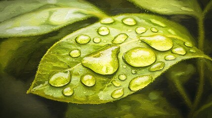Poster - Captivating macro shot of water droplets on a leaf showing the intricate details of nature's artistry with glimmering moisture beads