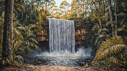 Poster - Cascading waterfall in a lush forest showcasing the power and beauty of nature with refreshing water flowing down rocks and greenery