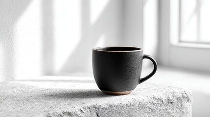 Poster - Modern dark mug on a light stone surface.
