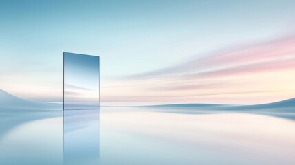 Aufkleber - 静かな水面と空にそびえる鏡のような構造の抽象的な風景 朝焼けと夕焼けの色合いが美しいパノラマ