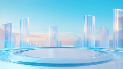Aufkleber - 青い空と未来的なガラス建築の抽象的な都市景観の3Dレンダリングデザイン