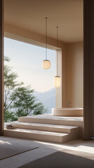 Poster - A room with a bathtub and a window with a view of the mountains. The room is decorated with a minimalist style and has a calming atmosphere