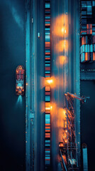 Poster - A large ship is docked at a port, with a long row of containers behind it. The scene is lit up by the lights of the port, creating a sense of activity and movement