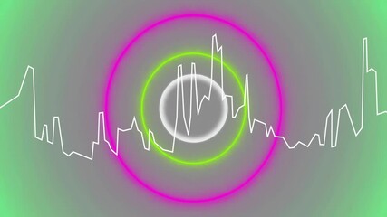 Poster - Glowing sphere drifting in neon rings, animating jagged waveform line cutting across in flat design