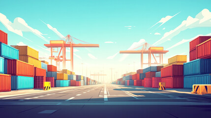 Poster - The empty road is lined with orange cranes, creating a sense of emptiness and solitude. The cranes are positioned in the background, with some of them towering over the road. The scene is quiet
