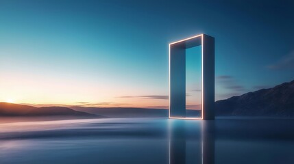 Aufkleber - 水平線に輝く光る長方形のフレームが海面に浮かぶ夜明けの風景 青い空と夕焼けとシルエットになった風景