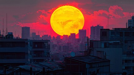 Poster - City skyline silhouetted against a vibrant sunset with a huge sun setting over urban landscape creating a stunning visual experience