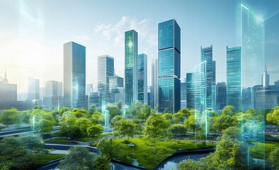 Aufkleber - 青い空と緑の木々の都市の未来的な高層ビル群 未来技術と環境調和の美しい風景
