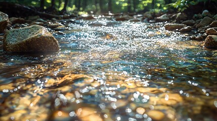 Poster - Clear stream flowing through a rocky creek in the woods illuminated by sunlight creating a picturesque scene