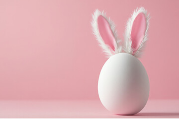 Poster - A white egg with pink bunny ears sits on a pink background. Concept of whimsy and playfulness, as the bunny ears