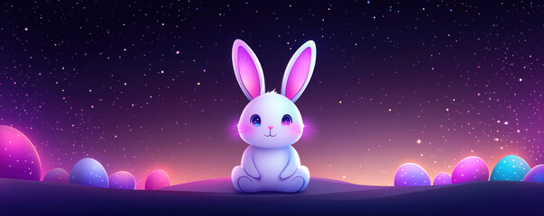 Poster - A cute rabbit is sitting in a field of colorful eggs. The sky is dark and the stars are shining brightly