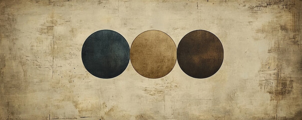 Poster - Three circles of different colors are arranged in a row. The circles are blue, brown, and black. The image has a vintage feel to it, and the colors seem to be faded