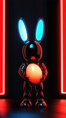Poster - A rabbit holding an egg in its mouth. The rabbit is in a dark room with neon lights