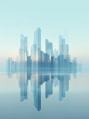 Aufkleber - 透明感のある青い未来都市のシルエット 水面に映る高層ビル群の抽象的デザイン