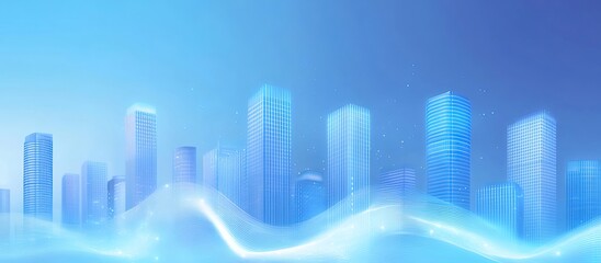 Aufkleber - 未来都市の青い光輝く高層ビル群抽象的なデジタル背景デザイン