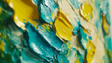 Poster - Close-up of a painting featuring striking yellow and blue paint with unique texture created using palette knife techniques for depth