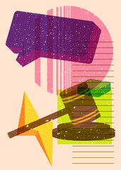 Poster - Risograph Gavel with speech bubble with geometric shapes. Objects in trendy riso graph print texture style design with geometry elements.