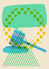 Poster - Risograph Gavel with speech bubble with geometric shapes. Objects in trendy riso graph print texture style design with geometry elements.