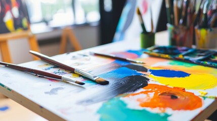 Poster - Close-up of a table with paint and brushes highlighting the vibrant colors and artistic tools that define the creative process in abstract art