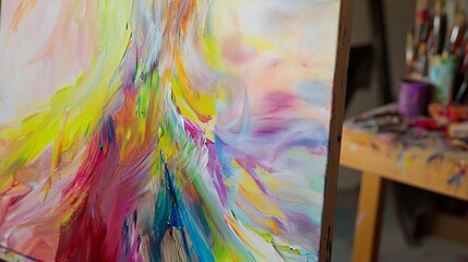 Poster - Close-up of an abstract painting on an easel in progress featuring vibrant hues and textures that showcase the artistic journey and technique