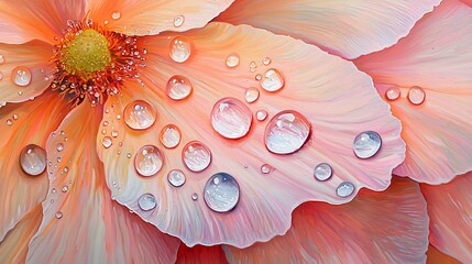 Poster - Close-up of clear water droplets glistening on a delicate flower petal in a natural setting with soft lighting and vibrant colors
