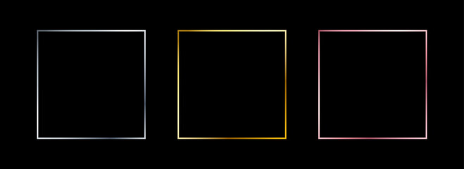 Poster - Metallic thin square frame set. Shiny gold and silver foil border collection. Golden glowing geometric boarder bundle in art deco style. Rectangular element pack for photo, cadre, card, emblem. Vector