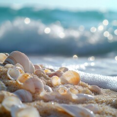 Poster - Close-up of beautiful seashells on sandy beach with gentle waves in background creating a serene coastal atmosphere