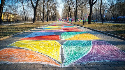 Poster - Colorful sidewalk adorned with a bright umbrella surrounded by playful abstract chalk drawings creating a vibrant and joyful urban scene