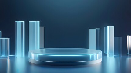 Poster - 未来的なブルーライトを照らす円形ステージと透明な四角いオブジェクトの3Dグラフィック