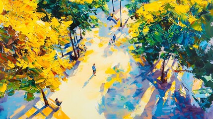 Poster - Colorful abstract painting depicting a tree with light reflections in a joyful atmosphere of nature and artistic expression