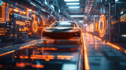 Aufkleber - 未来的な電気自動車が光る通路を走行 未来都市技術を象徴するデジタルデザインの自動車