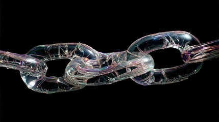 Poster - Transparent chain links, fractured and iridescent, on a black background.