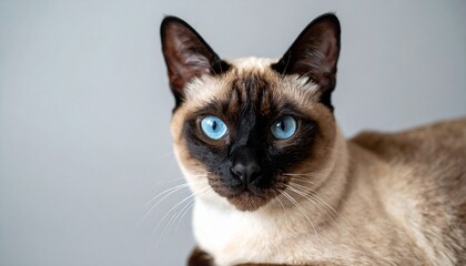 Fototapete - 薄いマット背景でリラックスしているシャム猫のクローズアップ。青い瞳と美しいポイントカラーの毛が鮮明に浮かび上がり、魅力的な瞬間

