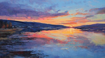 Poster - Stunning vibrant sunset painting with rich colors and reflections on a calm glassy lake evoking peace and tranquility in nature