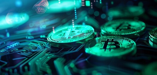Poster - A futuristic representation of Bitcoin coins on a circuit board, highlighting cryptocurrency's digital and technological essence.