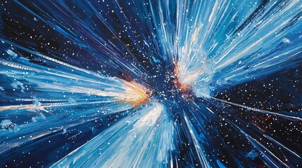 Poster - Beautiful painting of a blue and white star burst radiating cosmic light trails and awe-inspiring energy in a deep blue canvas