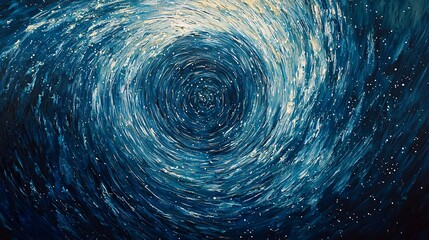 Poster - Exquisite painting of a spiral galaxy showcasing cosmic light trails and awe-inspiring elements in an enchanting deep blue scene