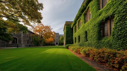 Wall Mural - lush campus courtyard with autumnal trees and ivy-covered walls.