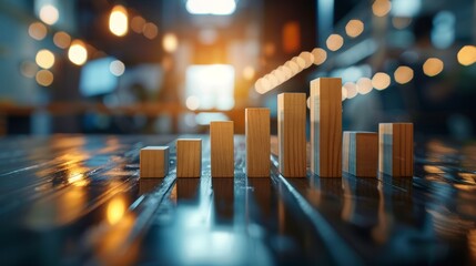 Poster - A visually striking representation of wooden blocks arranged in a bar graph, reflecting growth and data visualization in a warm, illuminated environment.