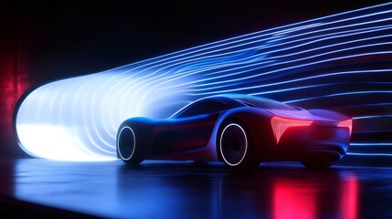 Poster - 暗い未来的な車が青と赤の光線の中で移動するデザインコンセプト