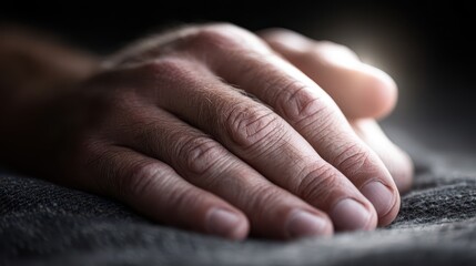 Poster - Close-up of a human hand resting on a dark surface.