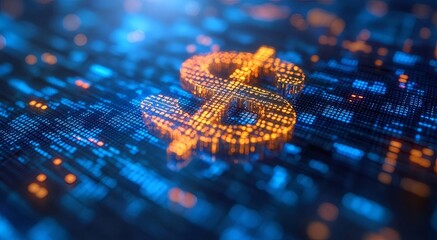 Poster - デジタル表示されたオレンジ色のドル記号が青色のデジタル背景に浮かび上がる金融概念